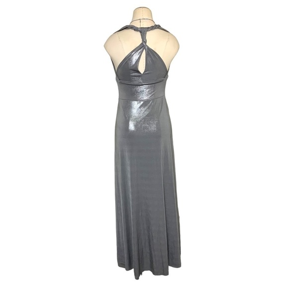 VINTAGE Silver Gray Maxi Dress Halter Straps Metallic Cinched Festive Gown XS/S - Picture 3 of 11